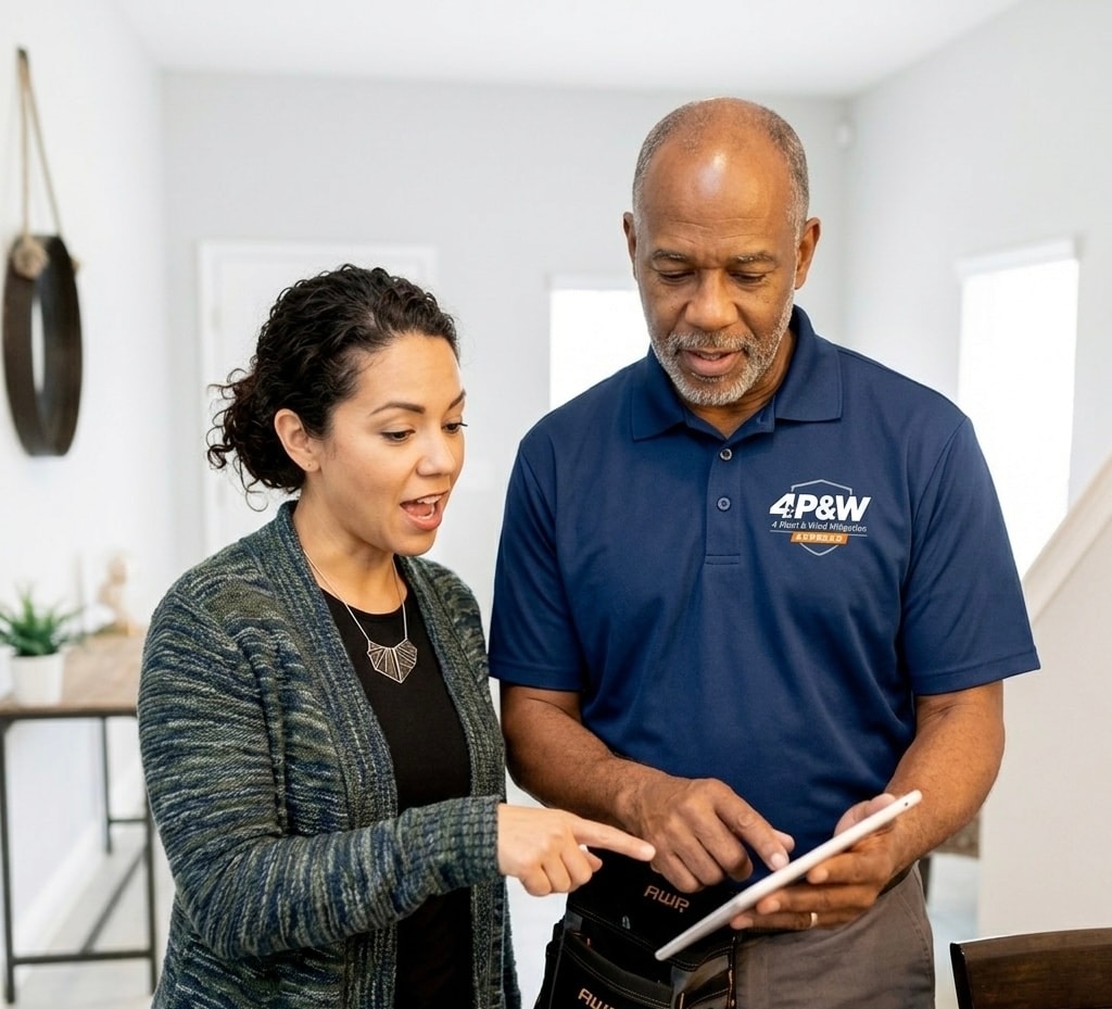 4P&W Express licensed inspector reviewing 4-point inspection report with Tampa Bay homeowner on tablet